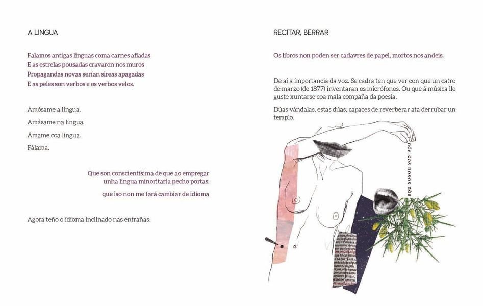 Nesta páxina amosa a postura de Xela ante a lingua e a poesía, interpretado por Emma Pedreira, na foto da esquerda  e debuxado por Laura Romero, á dereita.