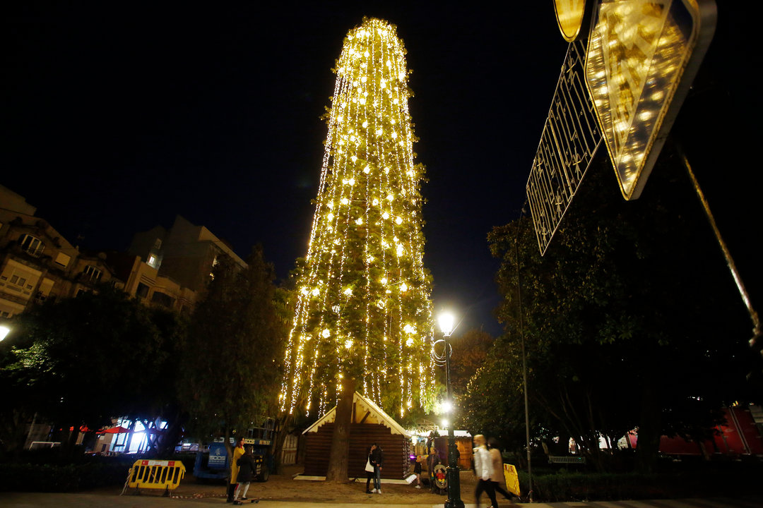 El árbol iluminado de la Alameda de Vigo con forma de pene. // J.V. Landín