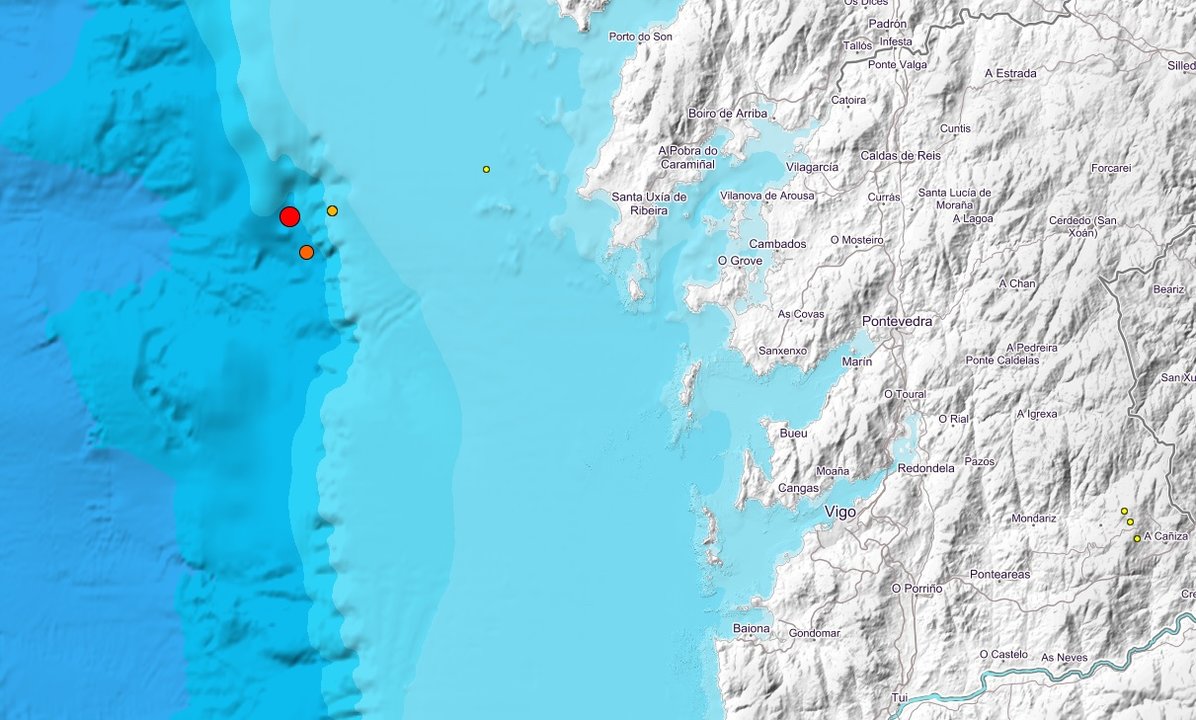 El mapa del IGN muestra los puntos donde se registraron los terremotos en la costa gallega.