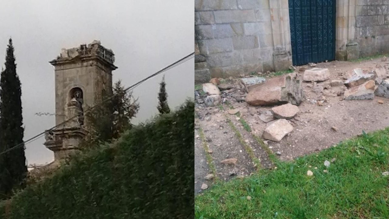 El campanario de la iglesia de Reboreda, destruido, y los restos. // J.C.