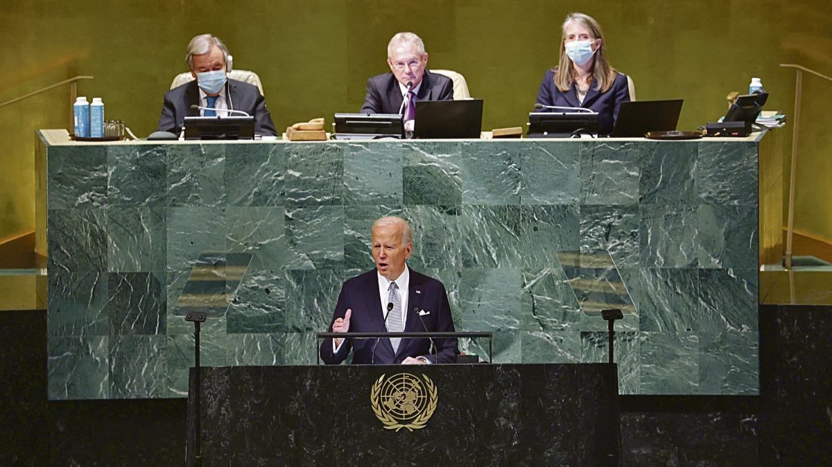 Joe Biden durante su discurso desde la tribuna de la ONU.