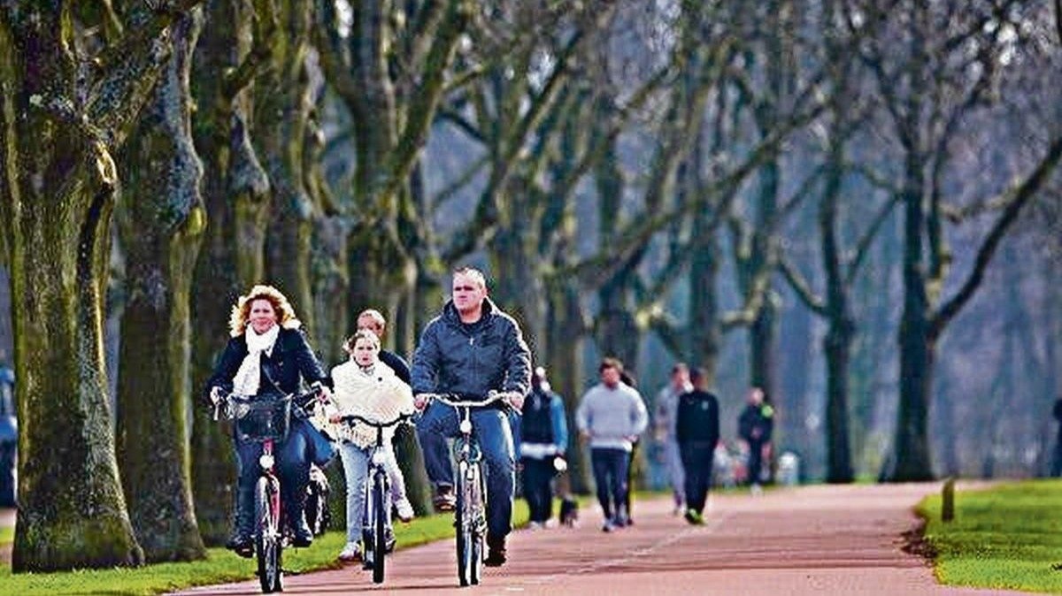 Una familia hace ejercicio con su bicicleta al aire libre.