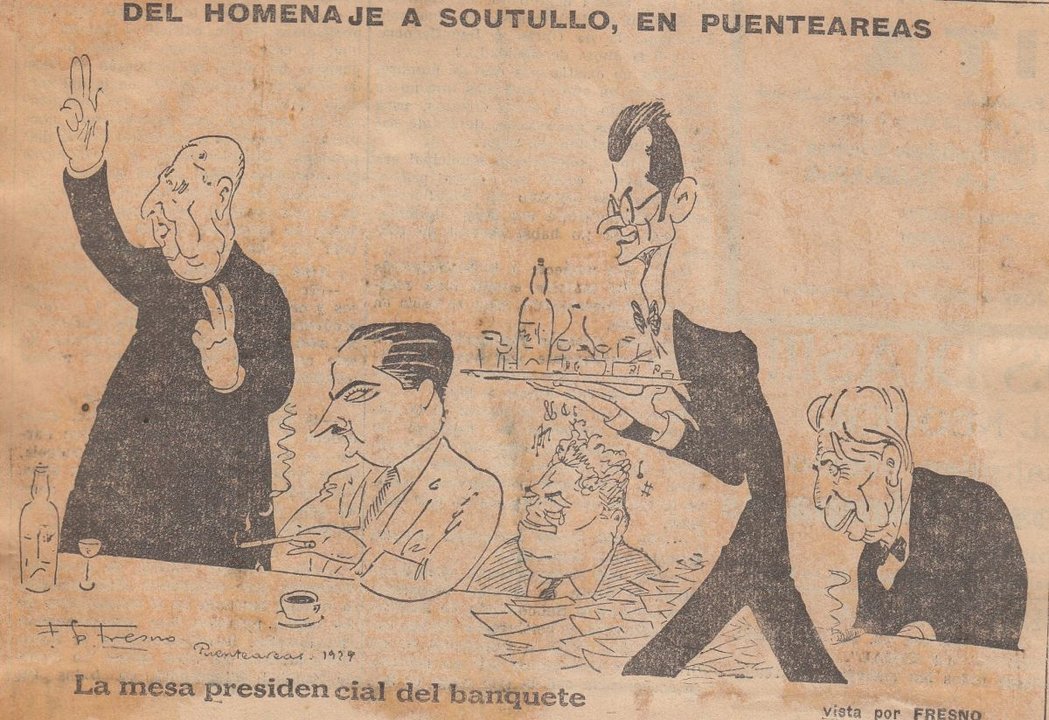 Caricatura de Vidales Tomé de la  mesa del banquete el día del homenaje que Ponteareas le dedicó a Soutullo.