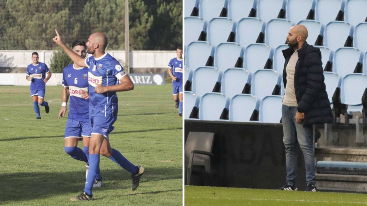 Claudio celebra un gol con el Porriño en su última temporada en activo (2018/19); a la izquieda, dirigiendo al Celta B este curso.