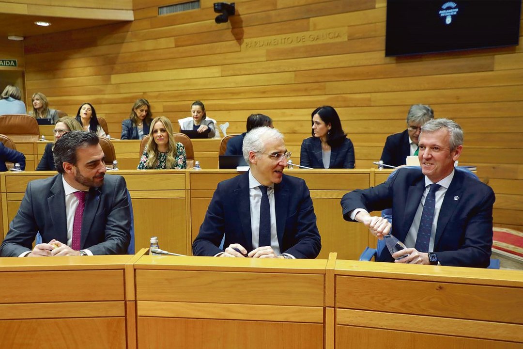 Los vicepresidentes Diego Calvo y Francisco Conde, con Alfonso Rueda en el pleno del pasado día 8.