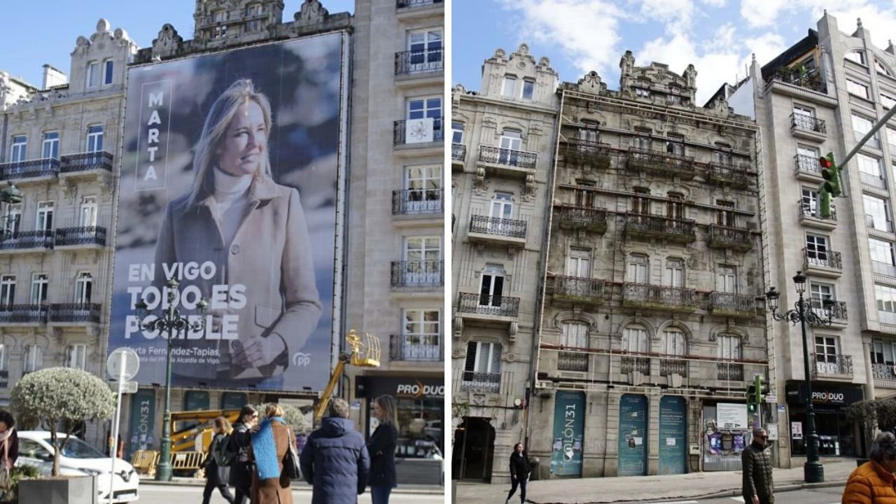 La lona de la candidata del PP a la izquierda, y el edificio de Colón ayer ya sin el cartel a la derecha.