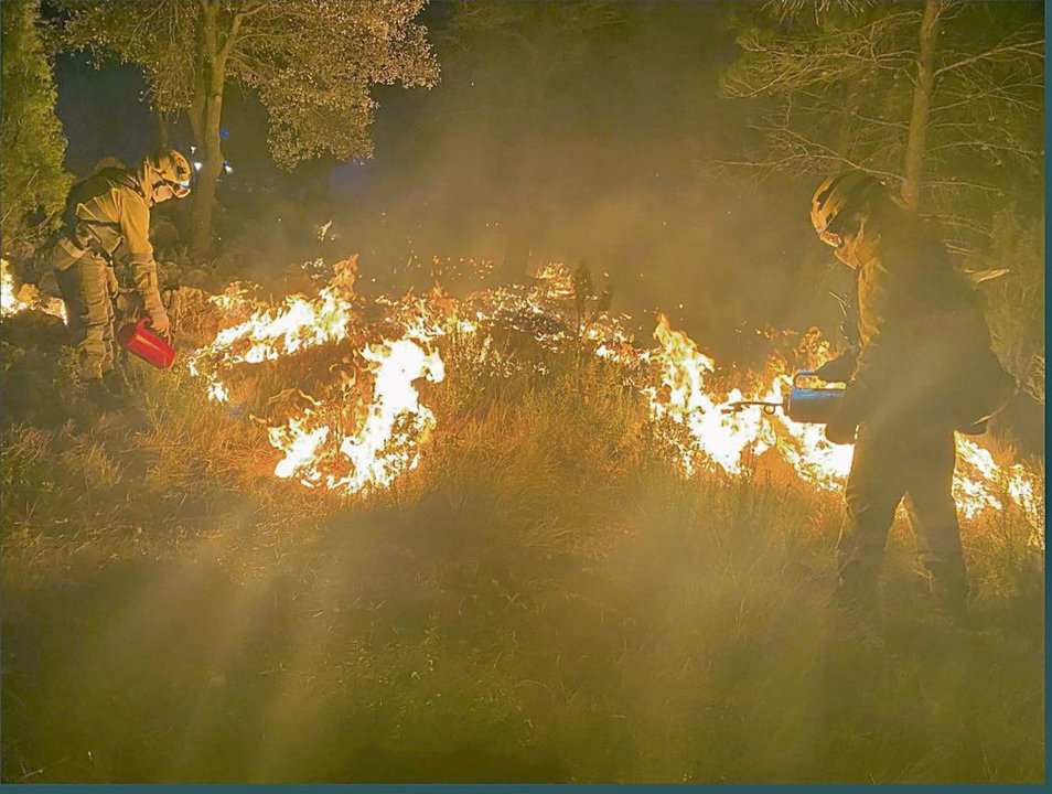 Bomberos forestales realizan un contrafuego en el incendio de Castellón.