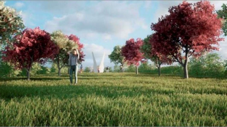 Una infografía del parque de Navia con un espacio arbolado y una de las nuevas esculturas que se instalarán.