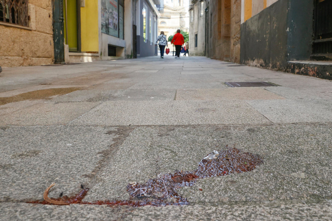 Restos de sangre en la calle Diego Delicado, donde la pasada madrugada un tiroteo acabó con un herido de bala en estado crítico. // EFE