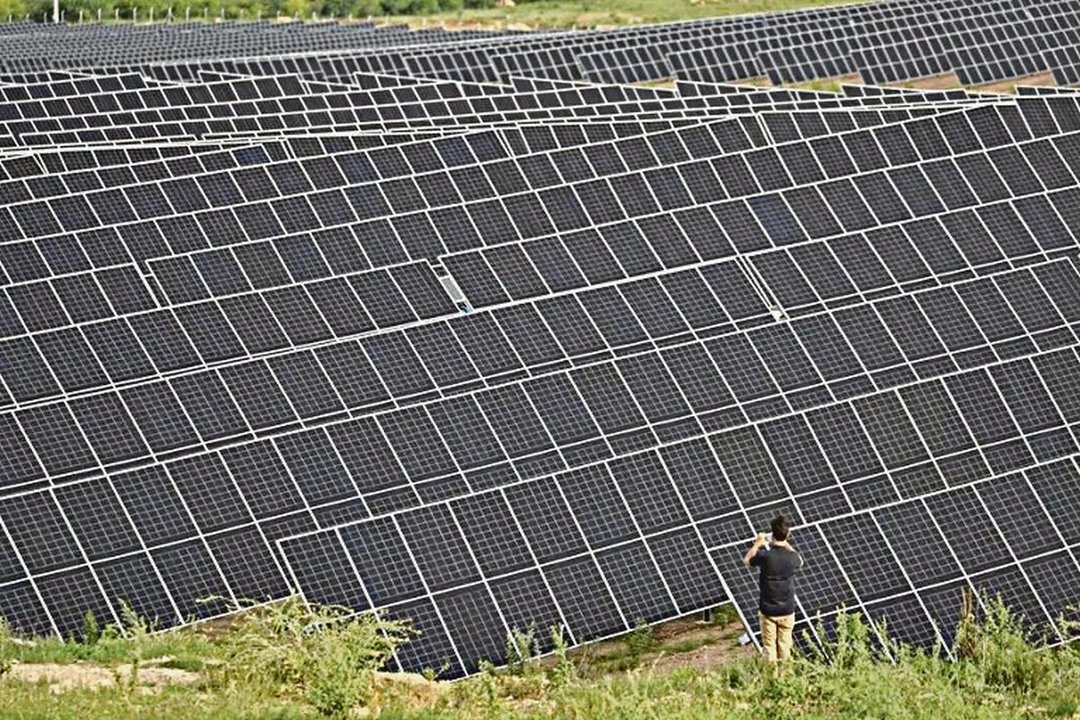 Una mujer le hace una fotografía a unos paneles solares.