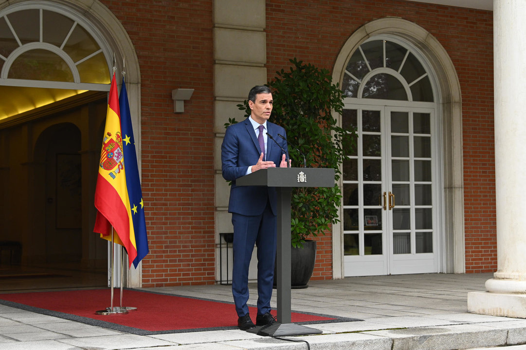 El presidente del Gobierno, Pedro Sánchez durante la rueda de prensa en la que anunció el adelanto de las elecciones generales. // EFE