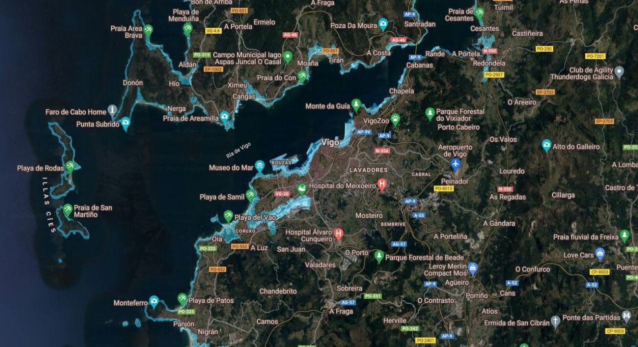 Simulación de aumento del nivel del mar en las Rías Baixas.