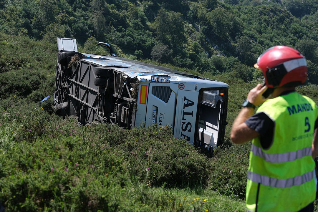 Siete personas han sido hospitalizadas por las contusiones y fracturas que han sufrido al despeñarse un autobús con 48 pasajeros, muchos de ellos niños, que hacía la ruta entre Covadonga y los Lagos. // EFE