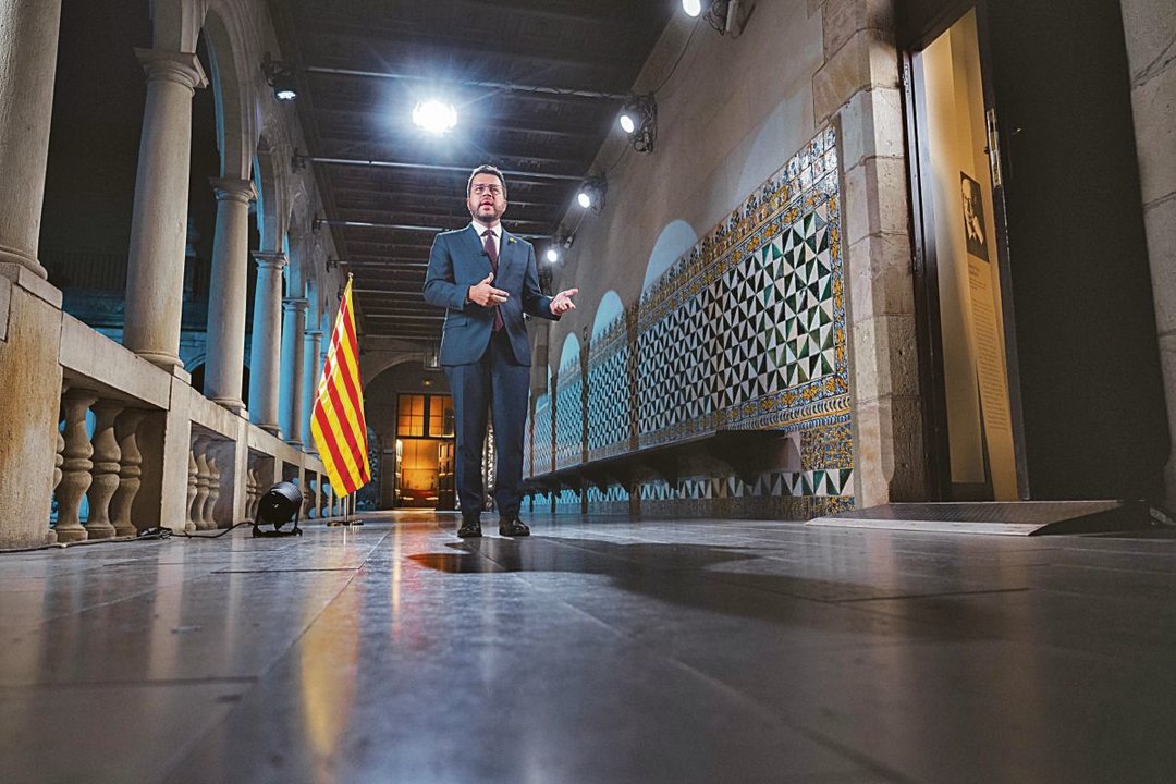 El presidente Pere Aragonès, durante su discurso de ayer en Barcelona.