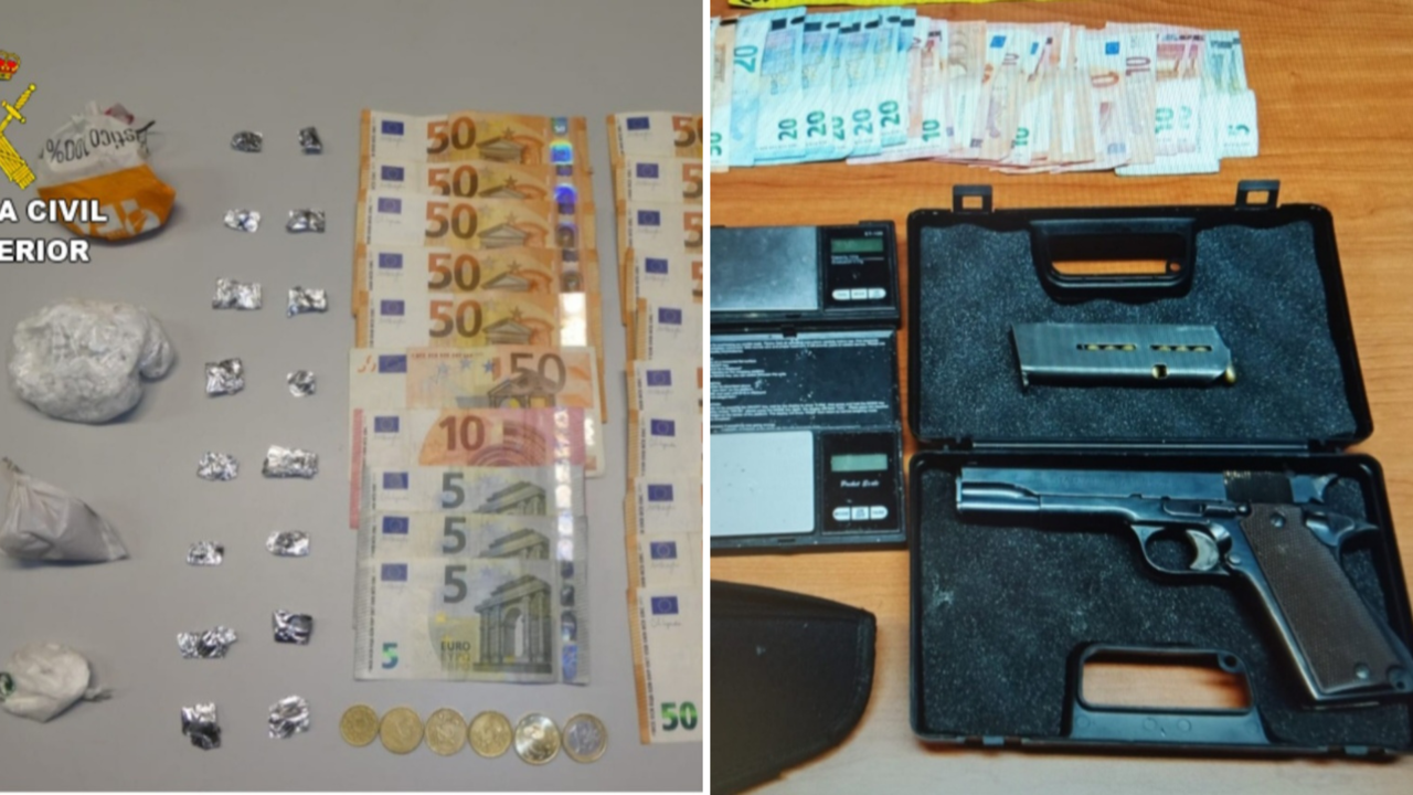 La droga, el dinero y la pistola sustraídos al vecino de Ponteareas. // Guardia Civil
