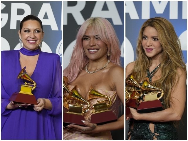 Niña Pastori, Karol G y Shakira posando con sus gramófonos. // Europa Press