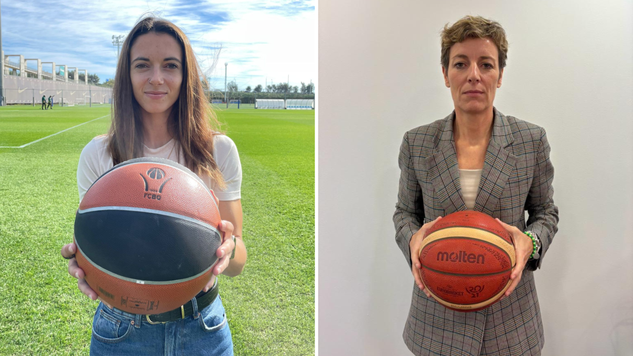 Aitana Bonmatí y Elisa Aguilar con una pelota de baloncesto.