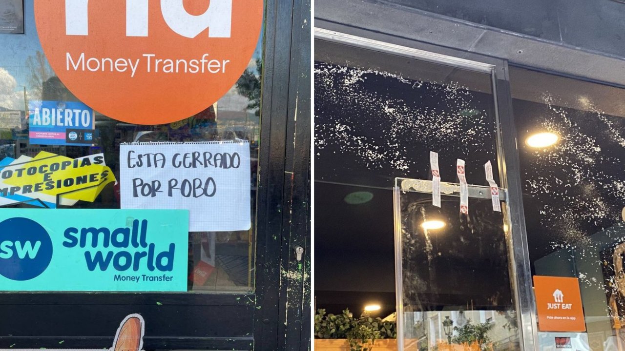 En imagen uno de los establecimientos de la ciudad que tuvo cerrar por robo. A la derecha, destrozos en la puerta de la cafetería asaltada ayer.