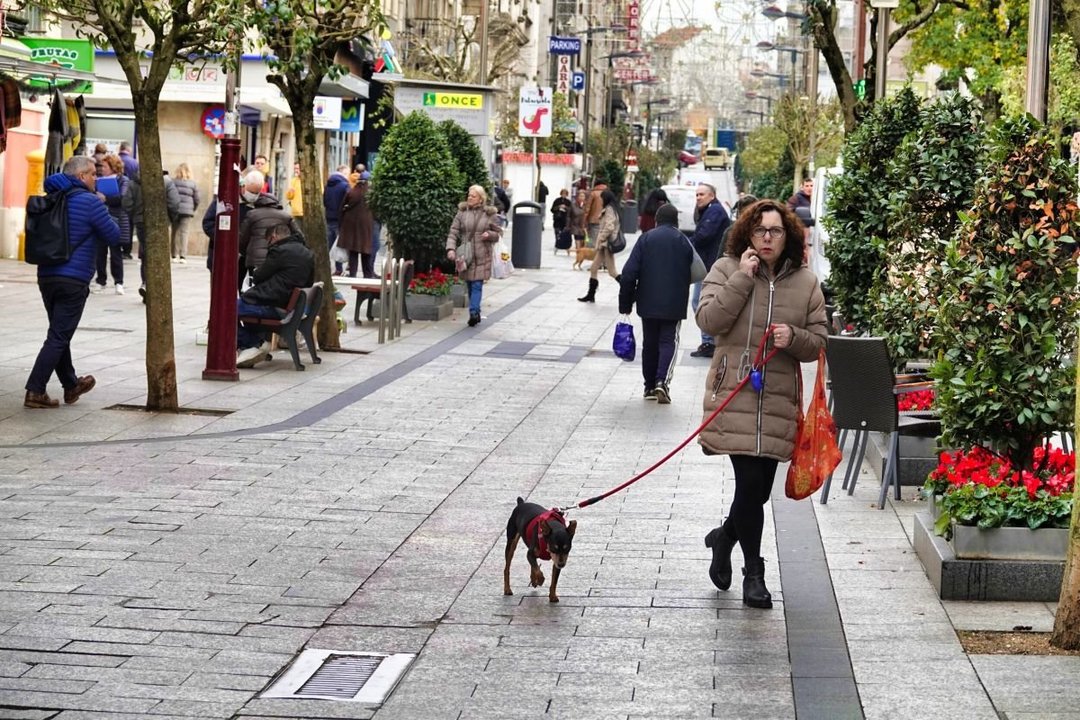 Una viguesa pasea su perro en una calle.