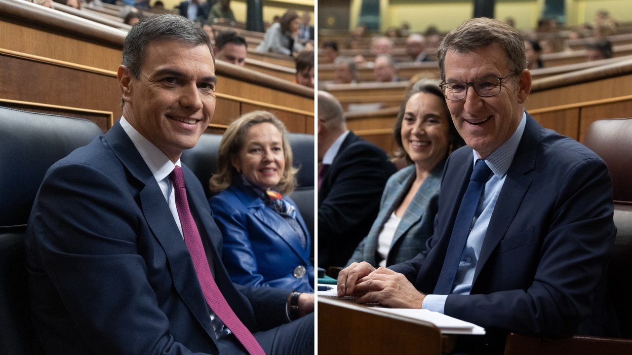 Sánchez y Feijóo, en el Pleno del Congreso de este miércoles. // E.P.