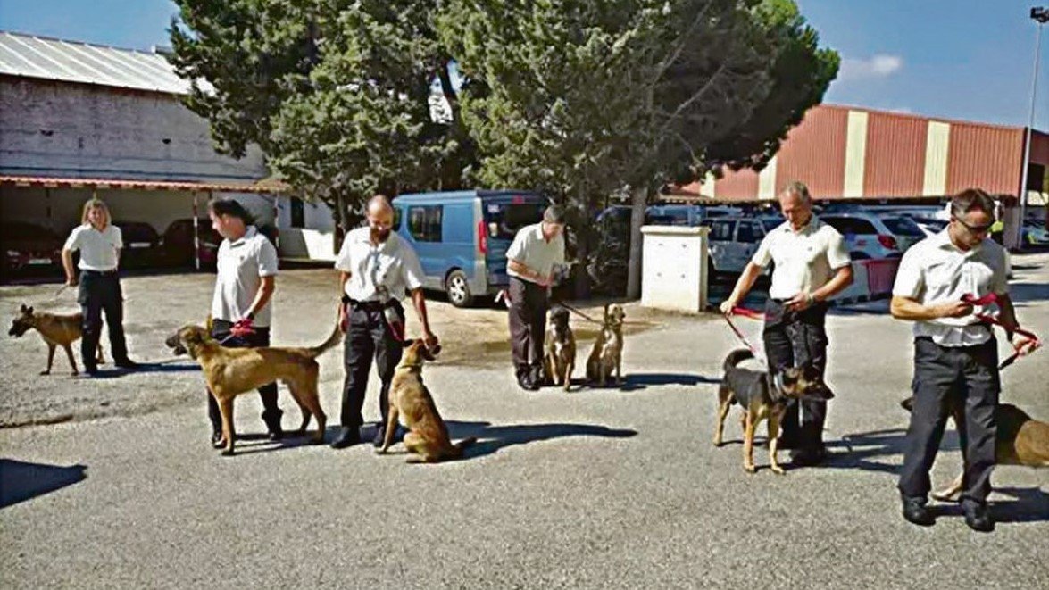 Imagen de un curso de formación con unidad canina entre funcionarios de prisiones.