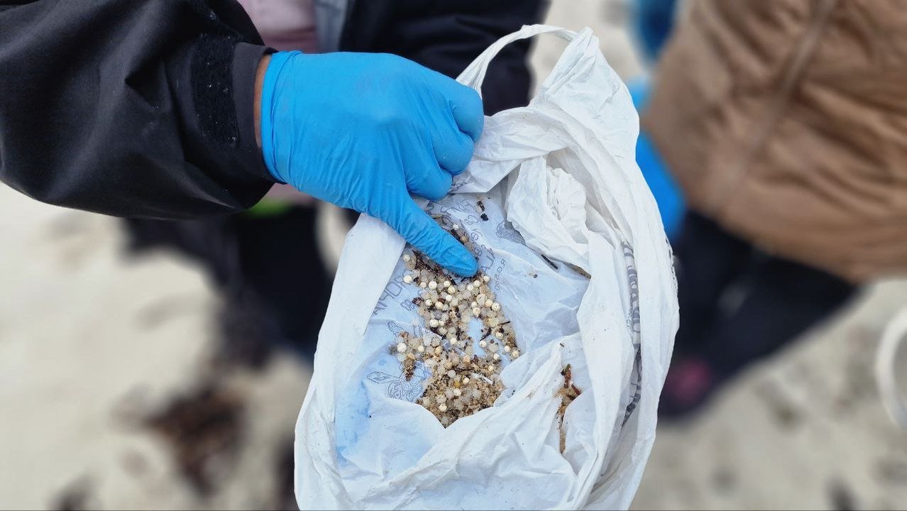 Recogida de 'pellets' de plástico en la playa viguesa de O Vao. // J.V. Landín