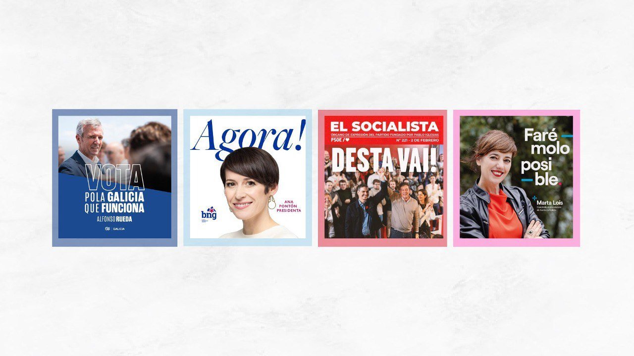 Carteles de los principales partidos que se presentan a las elecciones gallegas 2024.