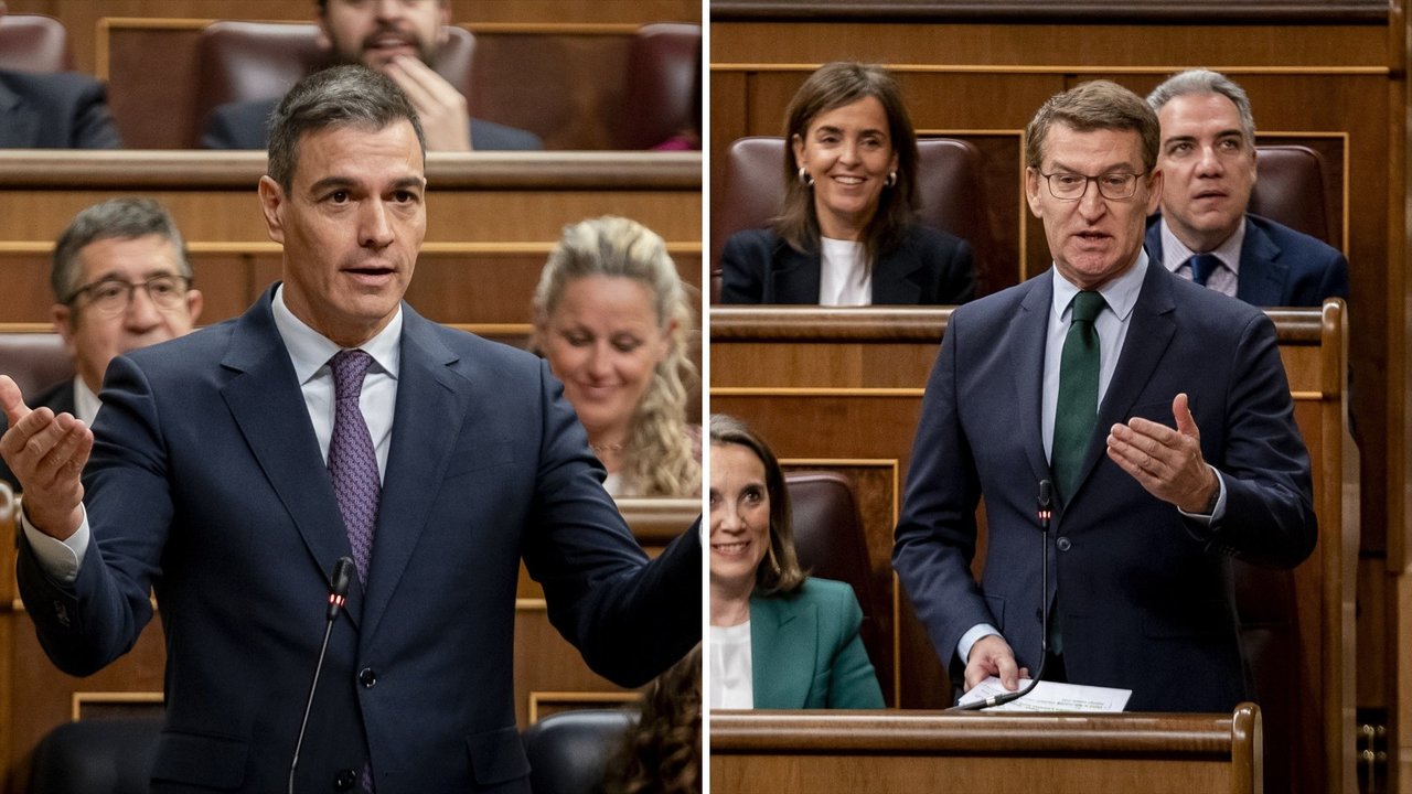 Sánches y Feijóo durante la sesión plenaria en el Congreso de los Diputados. // EP