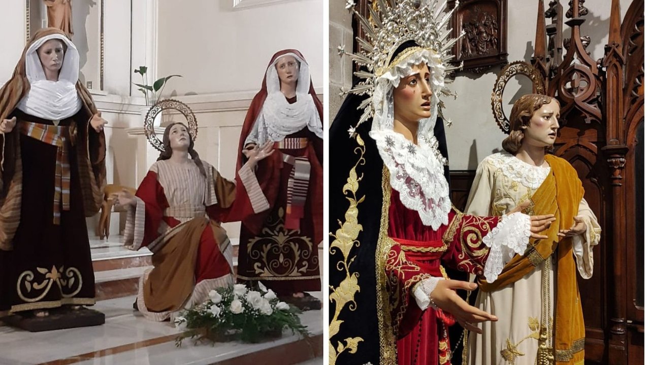 Las tres Marías con los trajes que estrenarán este Jueves Santo. Derecha, la Virgen también con nueva indumentaria.