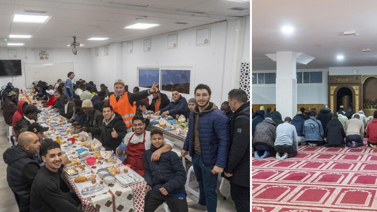 A la derecha, los asistentes al centro islámico de Vigo rezan por el Ramadán; a la izquierda, comiendo tras la caída del Sol.